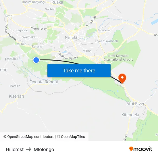 Hillcrest to Mlolongo map