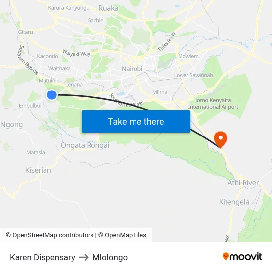 Karen Dispensary to Mlolongo map
