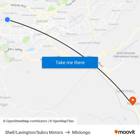 Shell/Lavington/Subru Motors to Mlolongo map