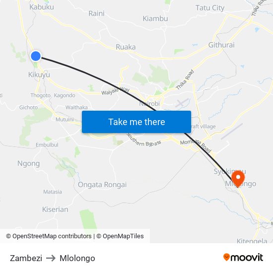 Zambezi to Mlolongo map