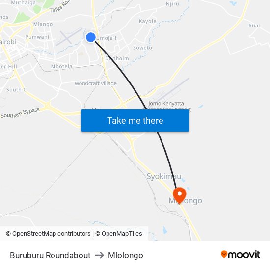 Buruburu Roundabout to Mlolongo map