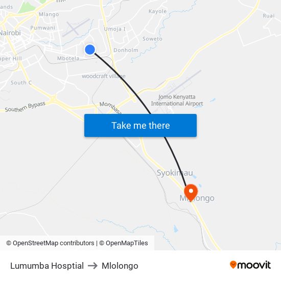 Lumumba Hosptial to Mlolongo map