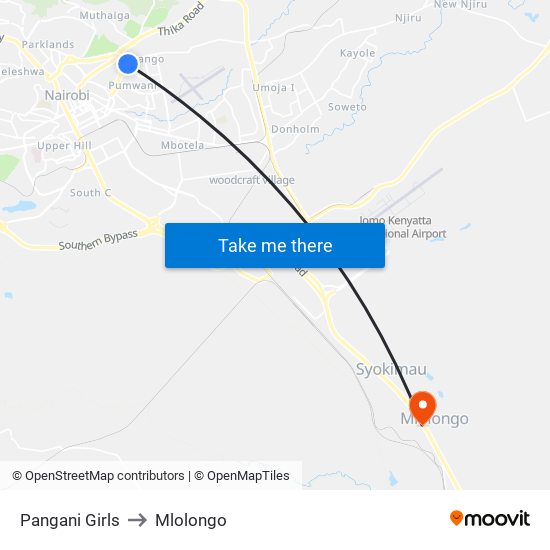 Pangani Girls to Mlolongo map