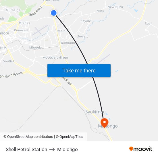 Shell Petrol Station to Mlolongo map