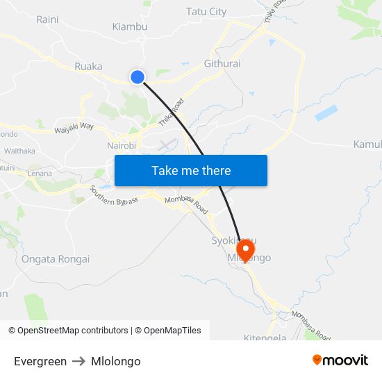 Evergreen to Mlolongo map