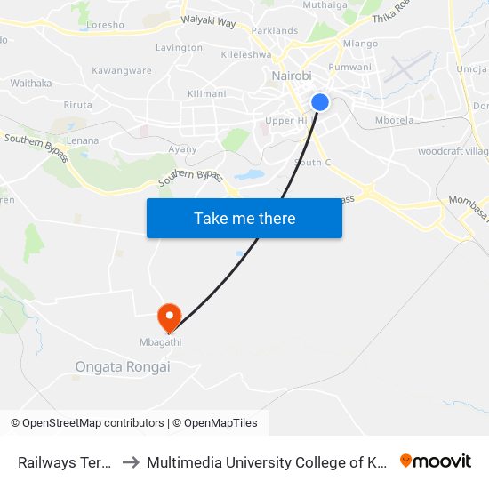 Railways Terminus to Multimedia University College of Kenya (KCCT) map