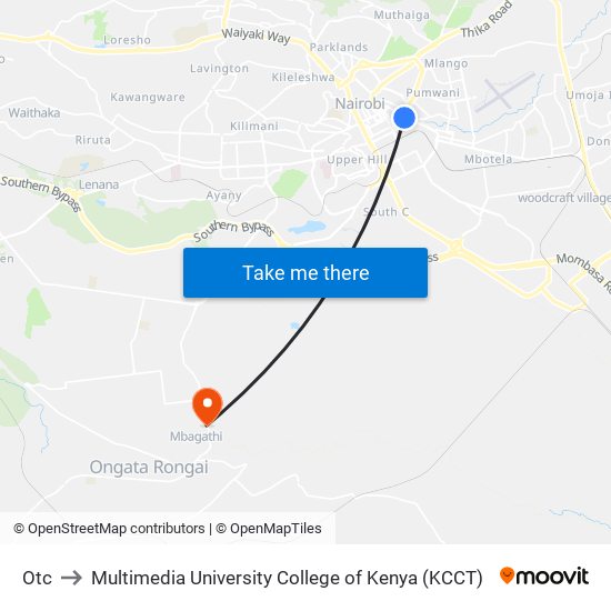 Otc to Multimedia University College of Kenya (KCCT) map