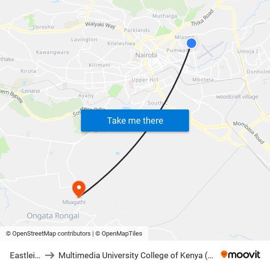Eastleigh to Multimedia University College of Kenya (KCCT) map