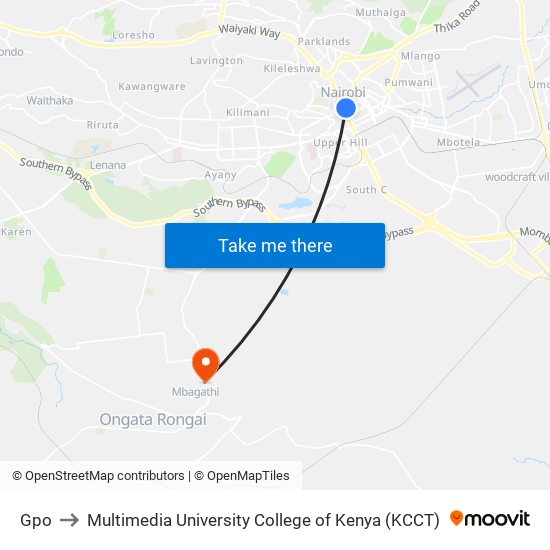 Gpo to Multimedia University College of Kenya (KCCT) map