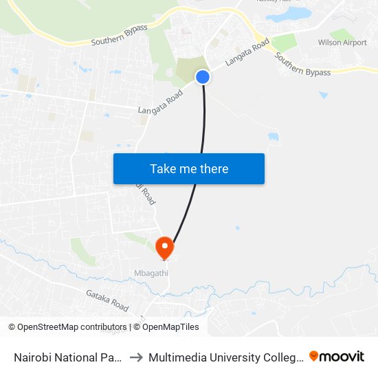 Nairobi National Park/Orphanage to Multimedia University College of Kenya (KCCT) map