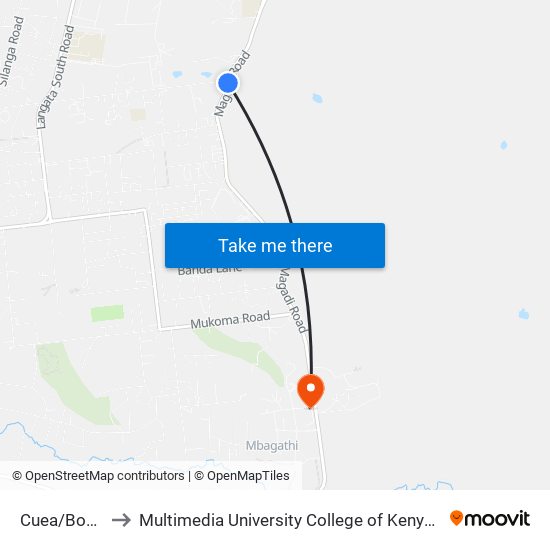 Cuea/Bogani to Multimedia University College of Kenya (KCCT) map