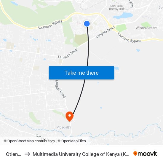 Otiende to Multimedia University College of Kenya (KCCT) map