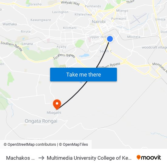 Machakos Road to Multimedia University College of Kenya (KCCT) map