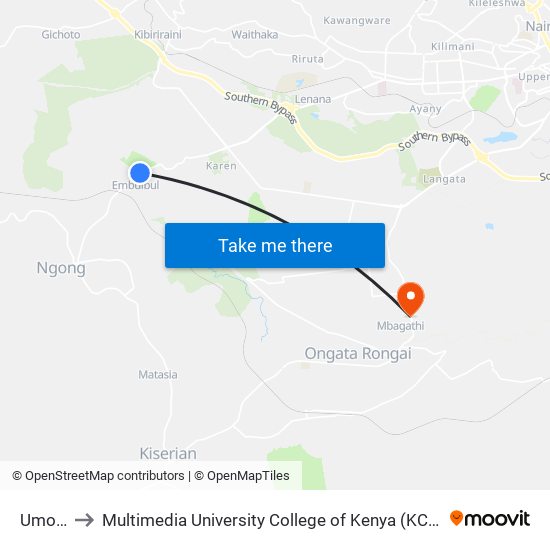 Umoja to Multimedia University College of Kenya (KCCT) map