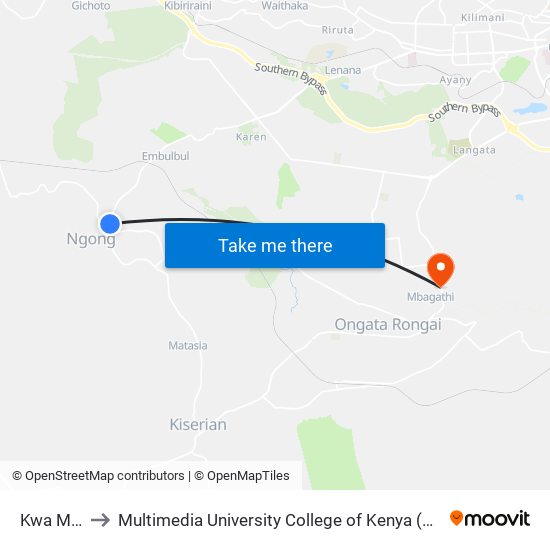 Kwa Maji to Multimedia University College of Kenya (KCCT) map