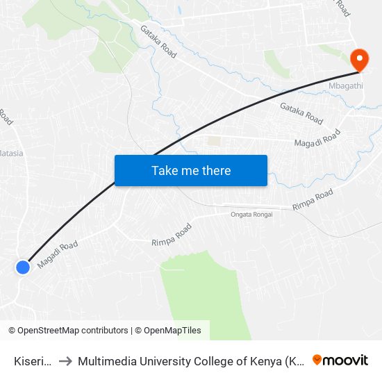 Kiserian to Multimedia University College of Kenya (KCCT) map