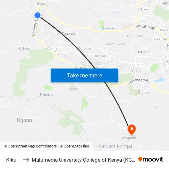 Kikuyu to Multimedia University College of Kenya (KCCT) map