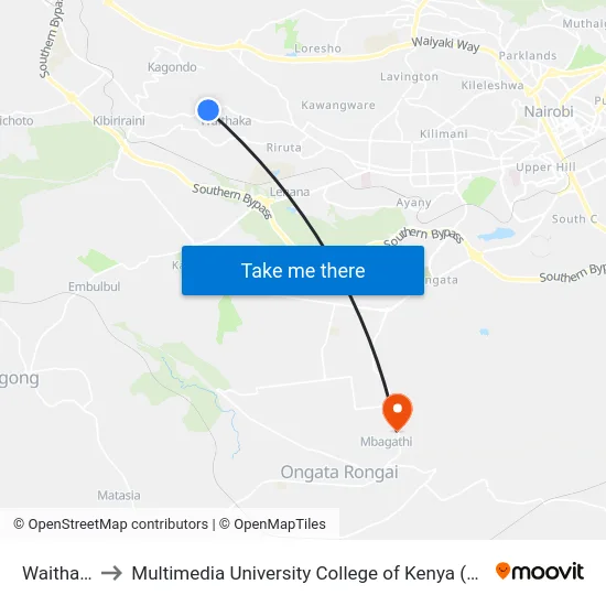 Waithaka to Multimedia University College of Kenya (KCCT) map