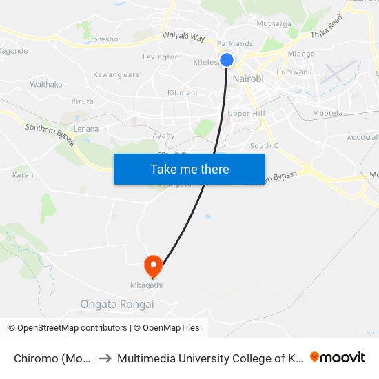 Chiromo (Mortuary) to Multimedia University College of Kenya (KCCT) map