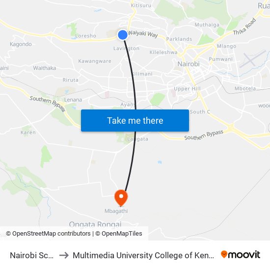 Nairobi School to Multimedia University College of Kenya (KCCT) map