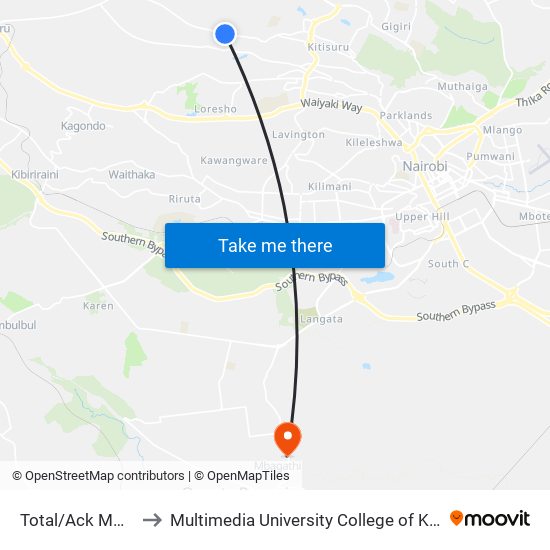 Total/Ack Mwimuto to Multimedia University College of Kenya (KCCT) map