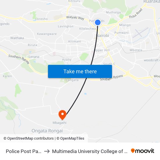 Police Post Parklands to Multimedia University College of Kenya (KCCT) map