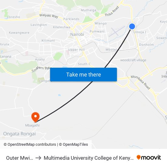 Outer Mwisho to Multimedia University College of Kenya (KCCT) map
