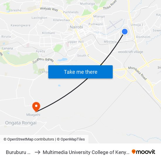 Buruburu Girls to Multimedia University College of Kenya (KCCT) map