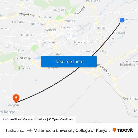 Tushauriane to Multimedia University College of Kenya (KCCT) map