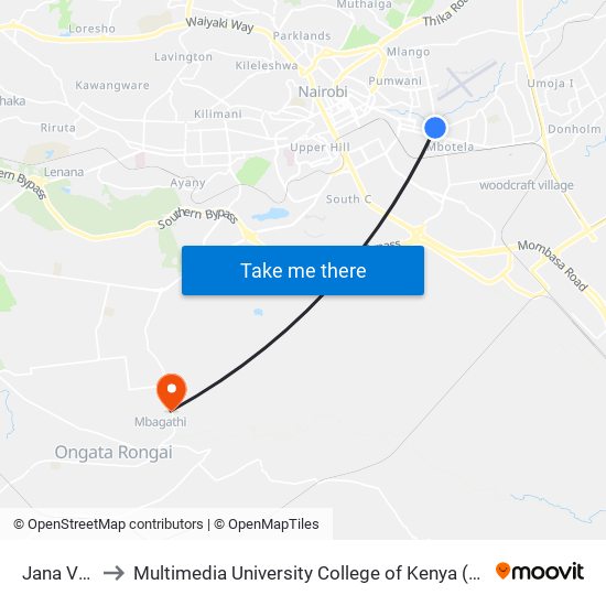 Jana Villa to Multimedia University College of Kenya (KCCT) map