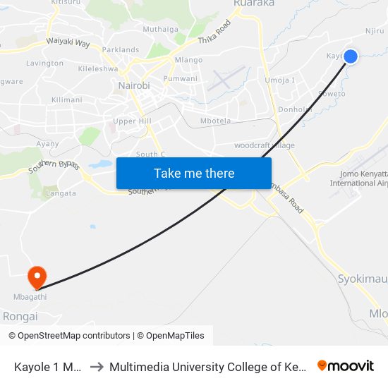 Kayole 1 Market to Multimedia University College of Kenya (KCCT) map