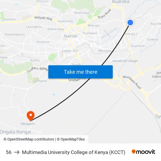 56 to Multimedia University College of Kenya (KCCT) map