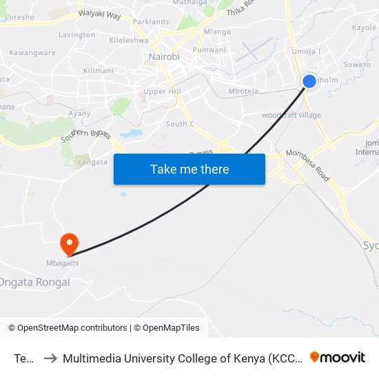 Tena to Multimedia University College of Kenya (KCCT) map