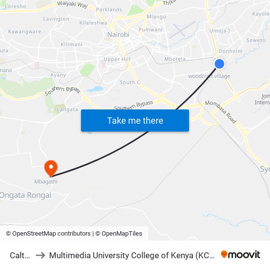 Caltex to Multimedia University College of Kenya (KCCT) map