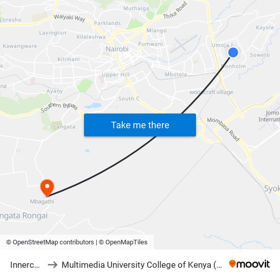 Innercore to Multimedia University College of Kenya (KCCT) map