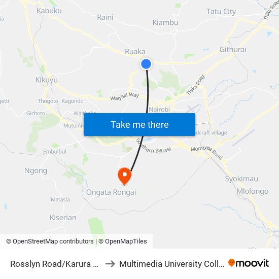 Rosslyn Road/Karura Community Chapel to Multimedia University College of Kenya (KCCT) map