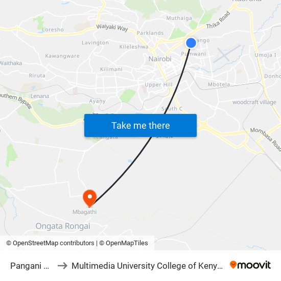 Pangani Girls to Multimedia University College of Kenya (KCCT) map