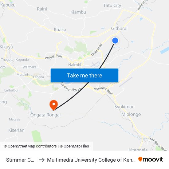 Stimmer Corner to Multimedia University College of Kenya (KCCT) map