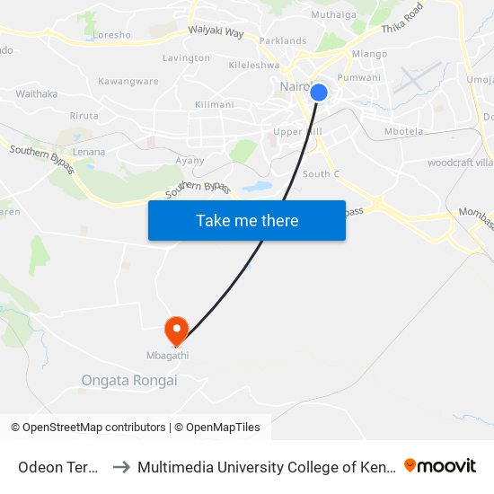 Odeon Terminal to Multimedia University College of Kenya (KCCT) map