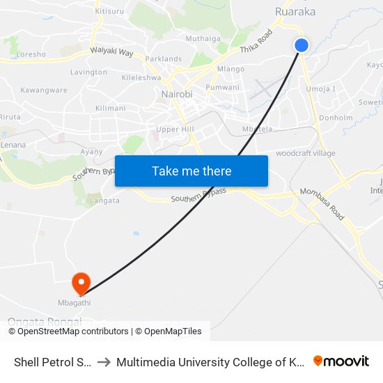 Shell Petrol Station to Multimedia University College of Kenya (KCCT) map