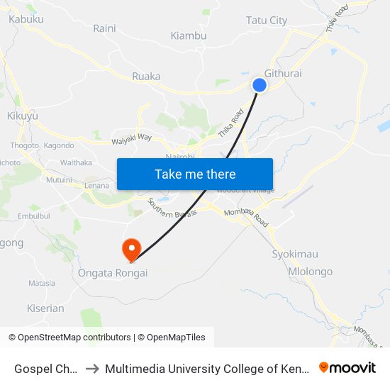 Gospel Church to Multimedia University College of Kenya (KCCT) map