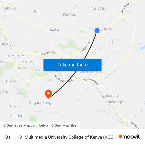 Base to Multimedia University College of Kenya (KCCT) map