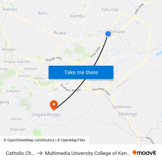 Catholic Church to Multimedia University College of Kenya (KCCT) map