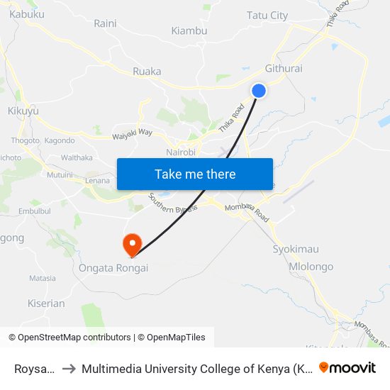 Roysabu to Multimedia University College of Kenya (KCCT) map