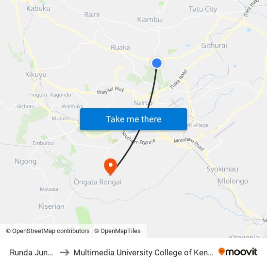 Runda Junction to Multimedia University College of Kenya (KCCT) map