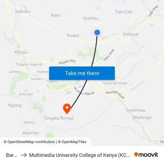 Barua to Multimedia University College of Kenya (KCCT) map