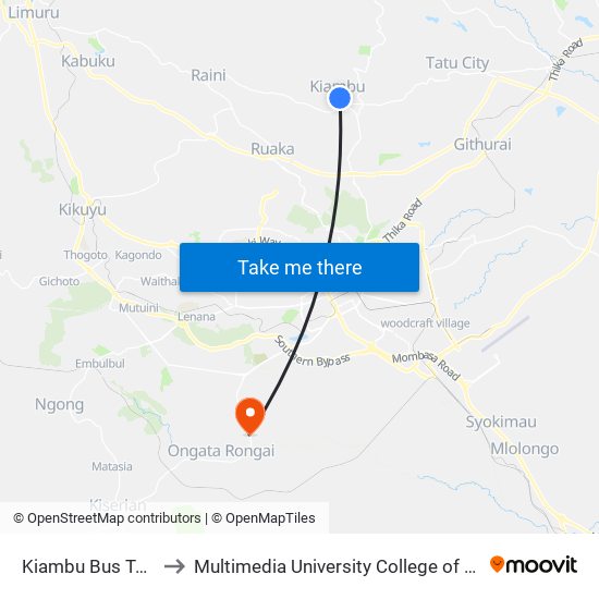 Kiambu Bus Terminus to Multimedia University College of Kenya (KCCT) map