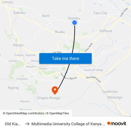 Old Kiambu to Multimedia University College of Kenya (KCCT) map