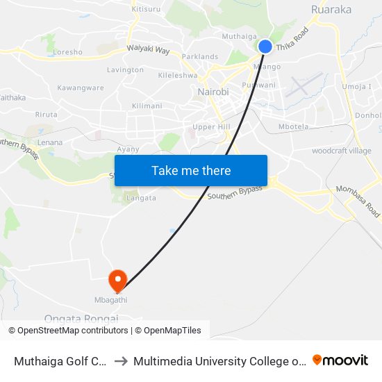 Muthaiga Golf Club Stage to Multimedia University College of Kenya (KCCT) map