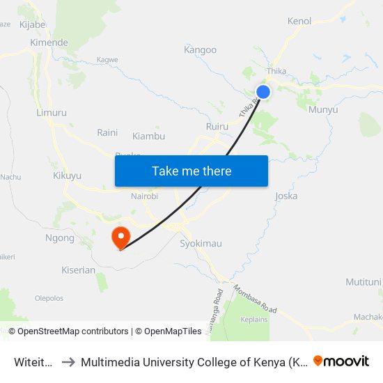 Witeithie to Multimedia University College of Kenya (KCCT) map